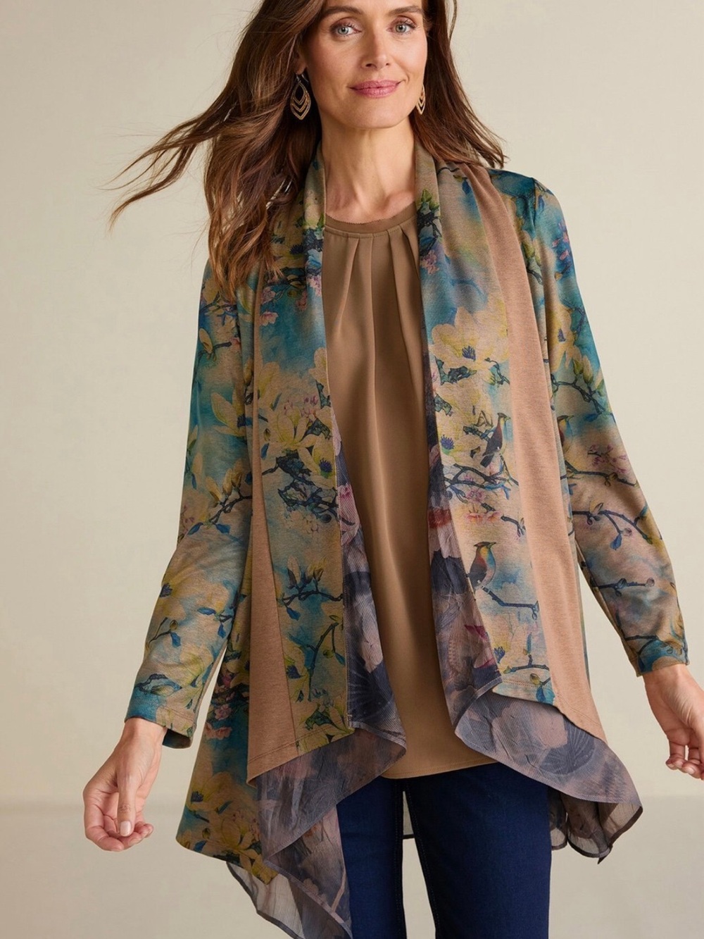 Soft Surroundings Floral Bird Print Open Front Cardigan Jacket | Size PL